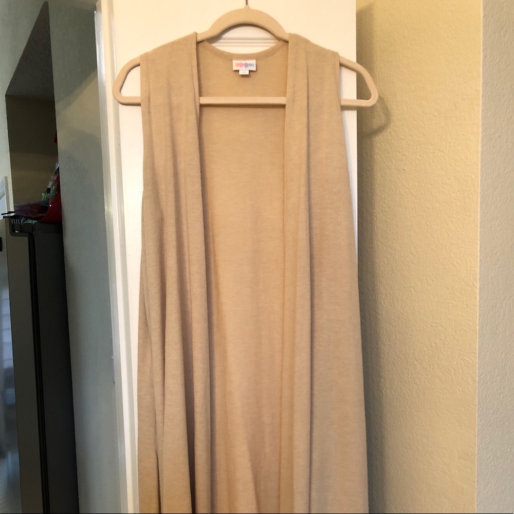 LuLaRoe Long Open Front Sleeveless Cardigan - Beige